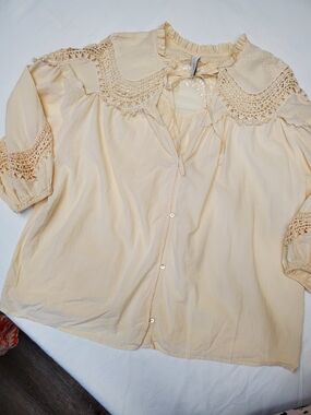 MNG Mango Cream Lace Boho Blouse Cottagecore Romantic Peasant Top XXL